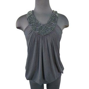 Violet Black Beaded Shirt Sleeveless Rounded Neck Elastic Band Womens Medium